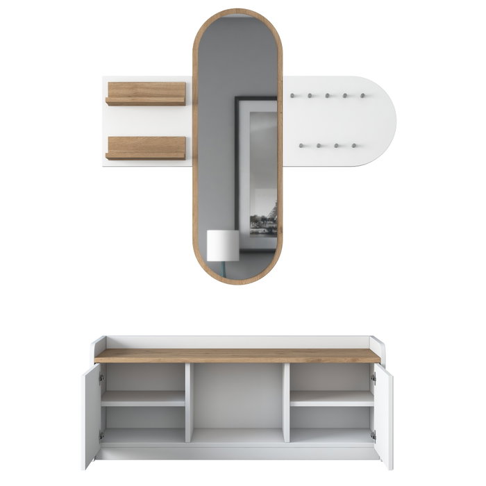 Hanah Home EE101 - 1983 Recibidor Blanco y Nogal con Almacenamiento y Espejo. Mueble de Entrada. Ancho 120cm, Alto 45cm, Profundidad 40cm. Elegante y Funcional.